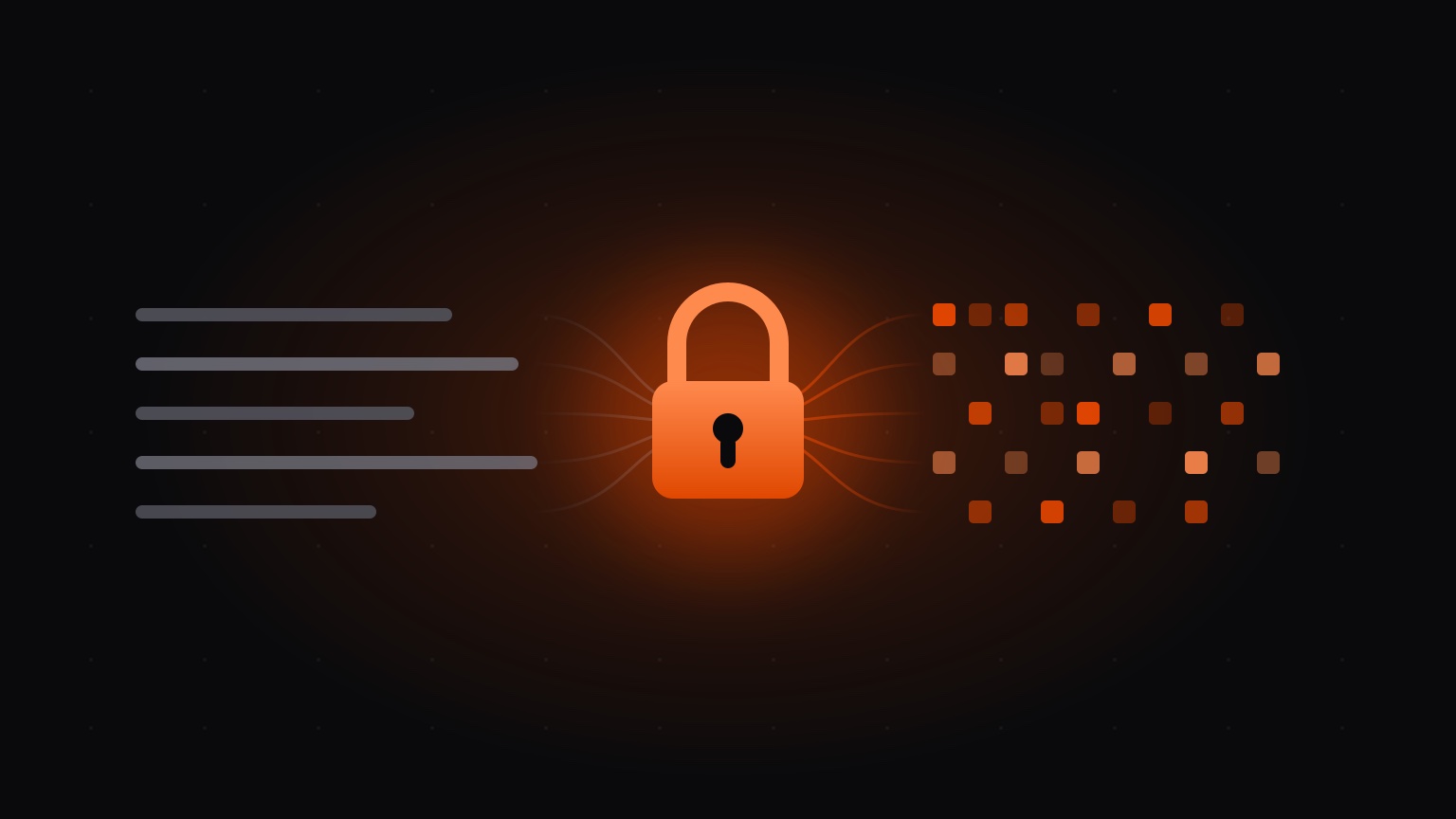 Readable text lines passing through a padlock and emerging as encrypted blocks