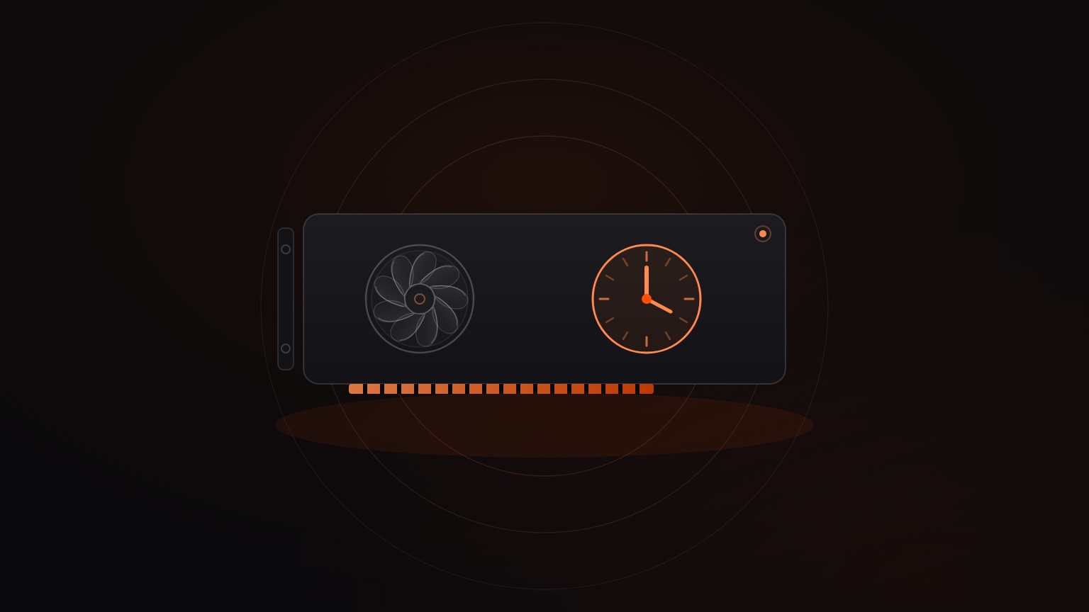 A GPU card whose fan is a clock face, on a dark background with an orange glow