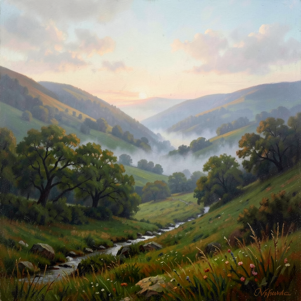 A misty Welsh valley at dawn, painted in oils — generated by Pendra